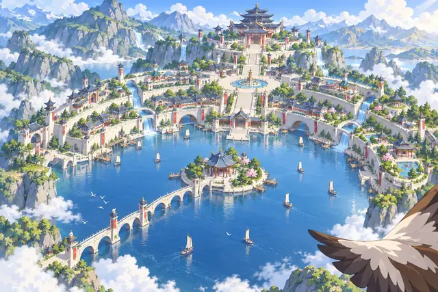 Asumeri seen from the air: white terraces in a crescent around a round blue bay, with a long bridge to an isle