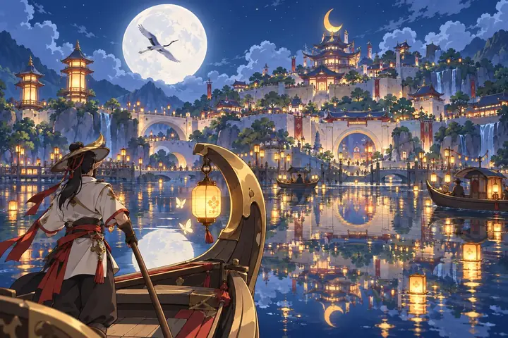 Asumeri at night under a huge full moon, its palace tiers glowing with lanterns and reflected in the lake as a boatman rows past