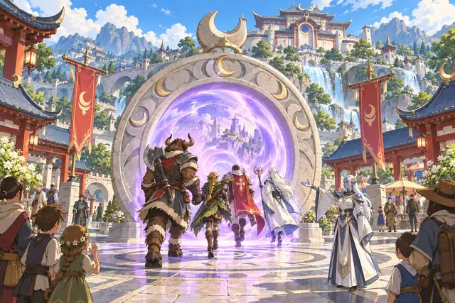 Travellers step through a great carved stone ring filled with swirling violet light on a sunlit plaza