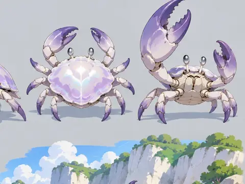 Study of large crabs with pearl-white shells and pale violet claws