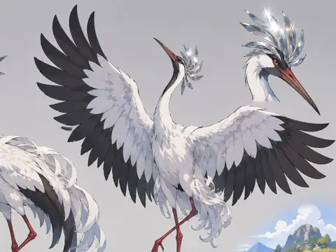 Study of tall silver-white cranes with mirror-bright crests and black-tipped wings