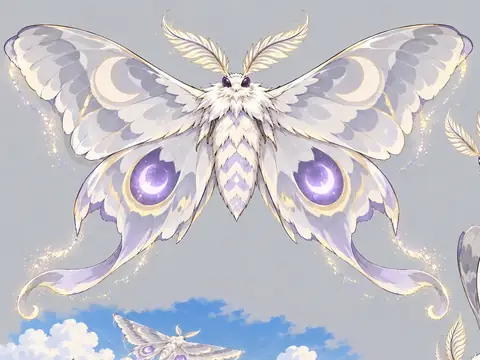 Study of a huge white moth with crescent-patterned wings and glowing violet eye-spots
