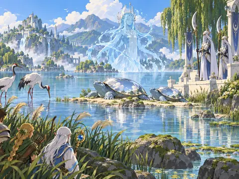 A translucent blue water spirit rises from a lake where cranes wade and silver-shelled turtles bask