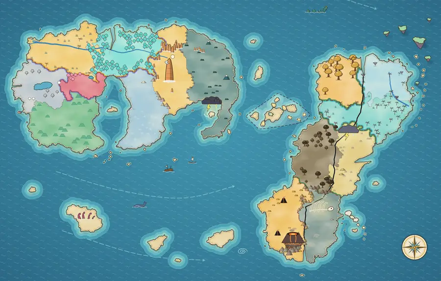 Illustrated map of Amarel: Senmara in the north-west, Valdora in the east, and the Lantern Shoals between them on the Silver Sea