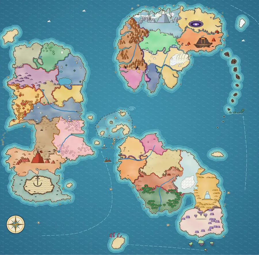 Illustrated map of Andral: the long continent of Talmaren in the west, Torvalen in the north-east, Orvessa in the south-east and the Ambrel Isles between them