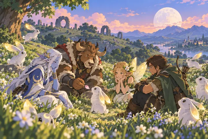 Four travellers sit in a meadow at dusk surrounded by small silver-white hares with glowing gold ear tips, a full moon rising behind standing stones