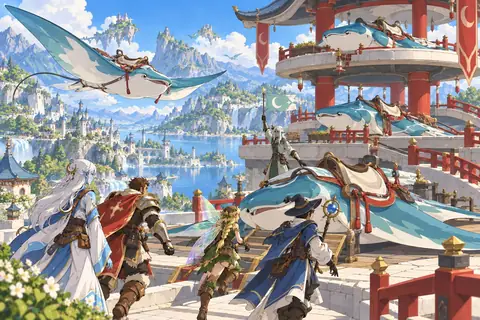 Saddled sky-rays rest on the tiered landing decks of a red-pillared roost high above a lake