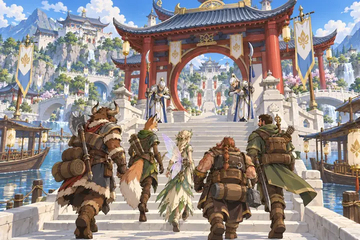 A party of travellers with packs and weapons climbs a white stair from the harbour toward a red gate and the palace above