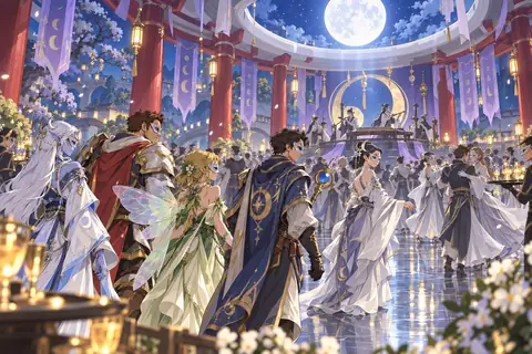 Adventurers in their finest walk into a moonlit hall of mirrors and banners where masked courtiers dance