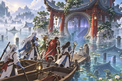 A party in a small boat approaches a half-sunken pavilion gate glowing with violet light above flooded ruins
