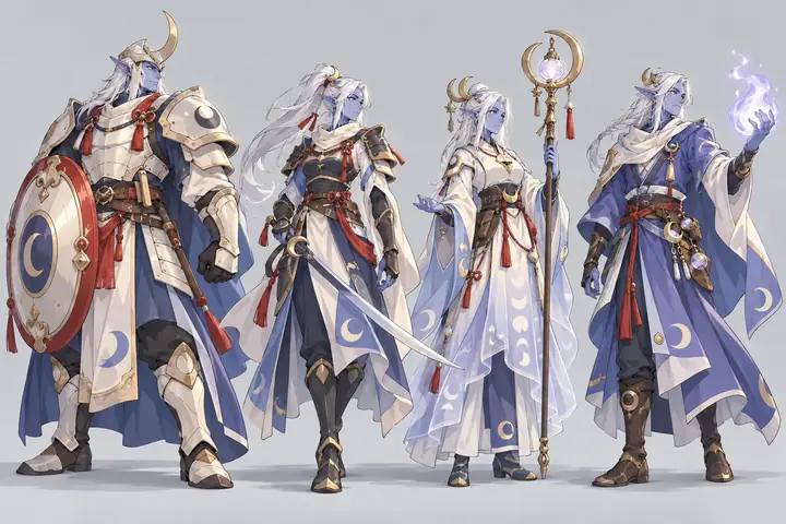 Four Velunari with moon-blue skin and long white hair: an armoured guardian with a round mirror-shield, a swordswoman in a lacquered breastplate, a healer with a crescent lantern staff, and a mage holding pale violet fire