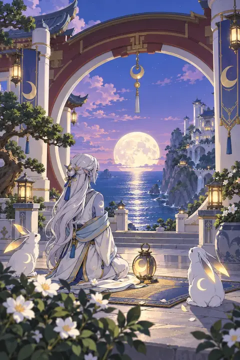 A young Velunari kneels in white robes beneath a great arch, facing a full moon over the night sea, a lantern and two moon-hares beside them